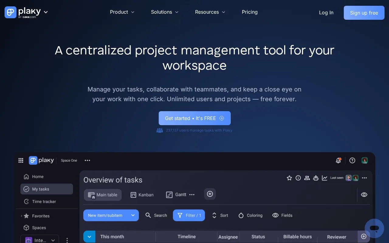Screenshot of the Plaky homepage