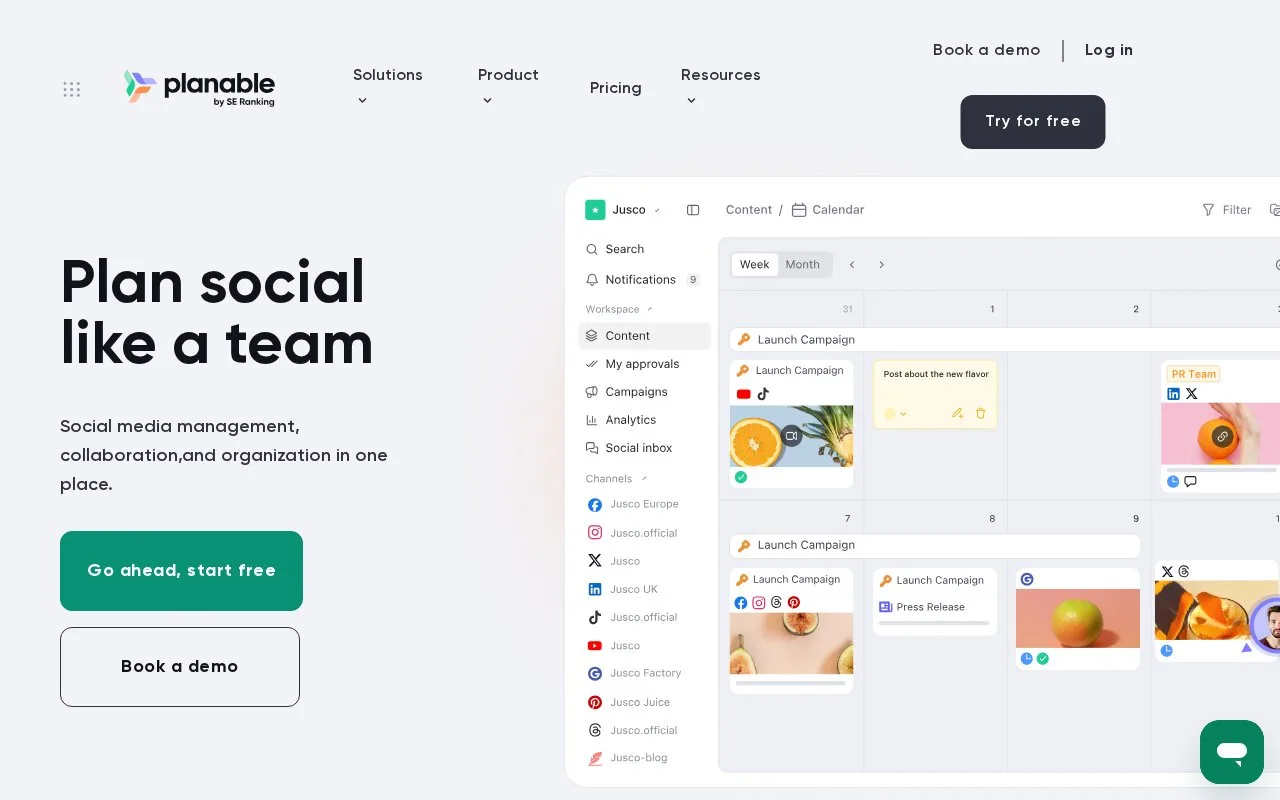 Screenshot of the Planable homepage