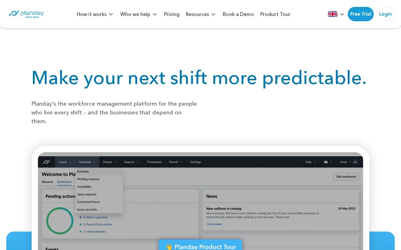 Screenshot of the Planday homepage