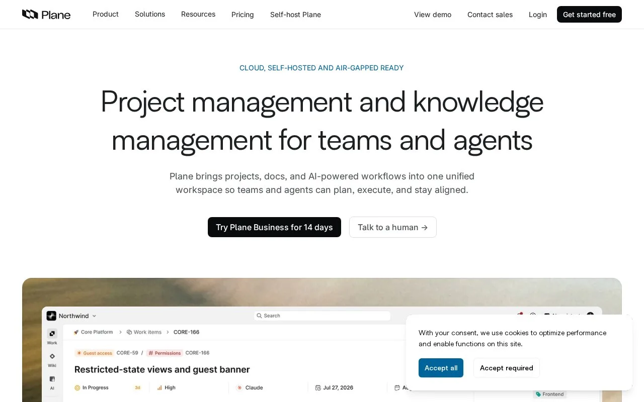 Screenshot of the Plane homepage