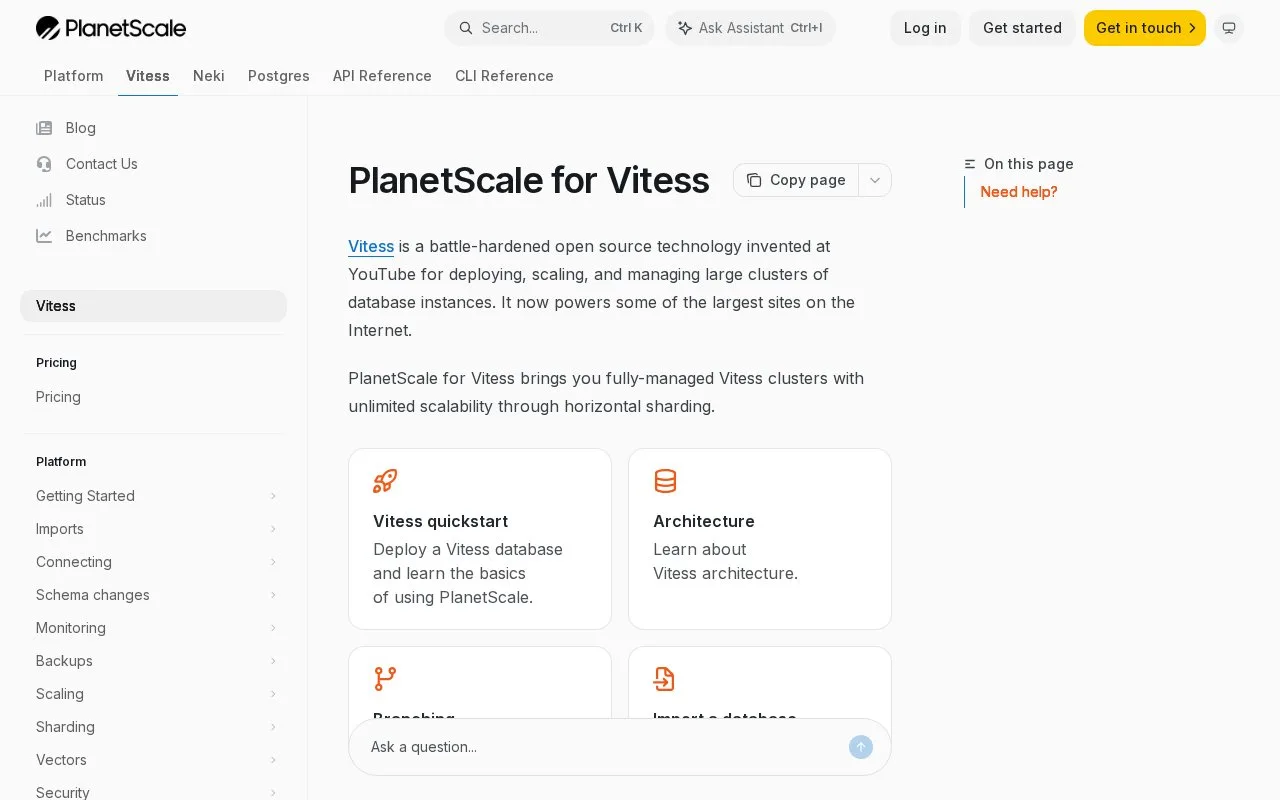 Screenshot of the PlanetScale Vitess homepage
