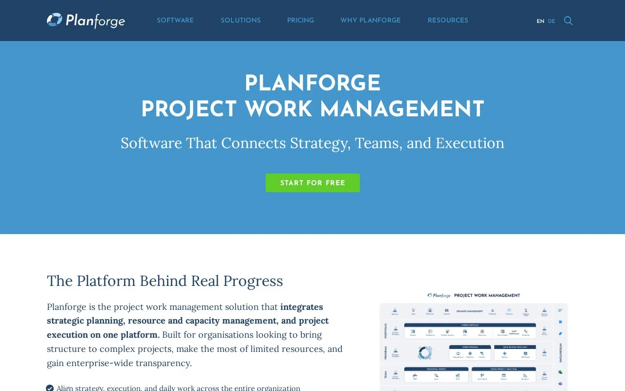 Screenshot of the Planforge homepage