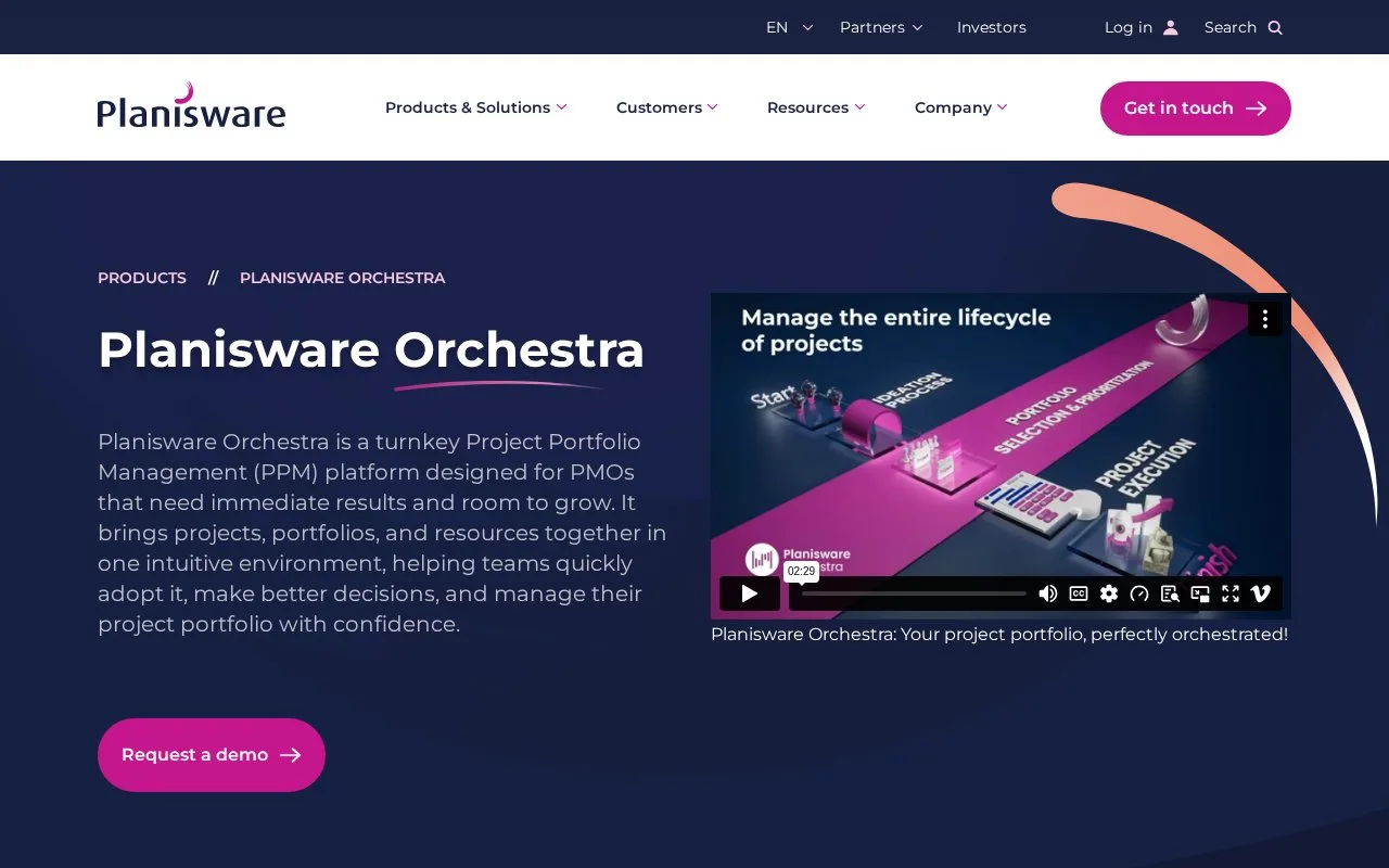 Screenshot of the Planisware Orchestra homepage
