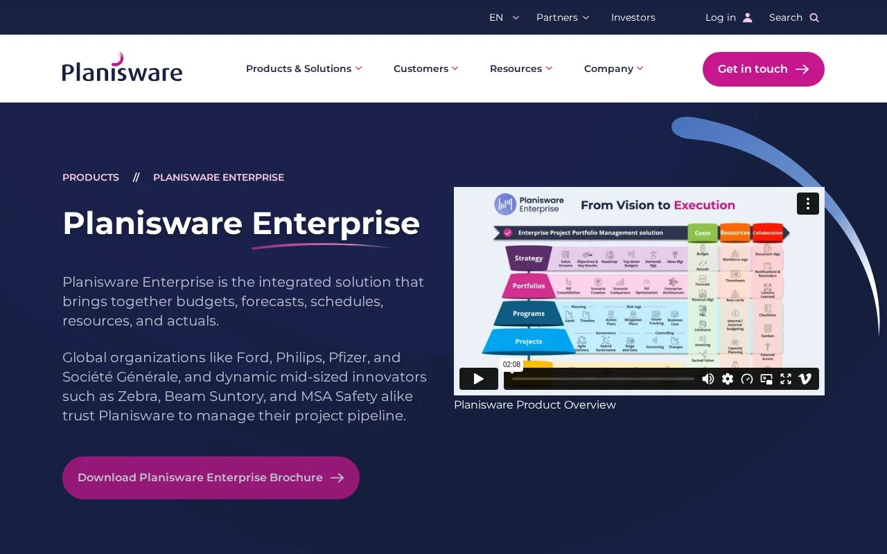 Screenshot of the Planisware Enterprise homepage