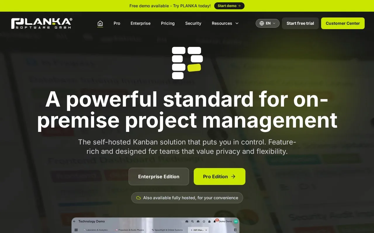 Screenshot of the PLANKA homepage