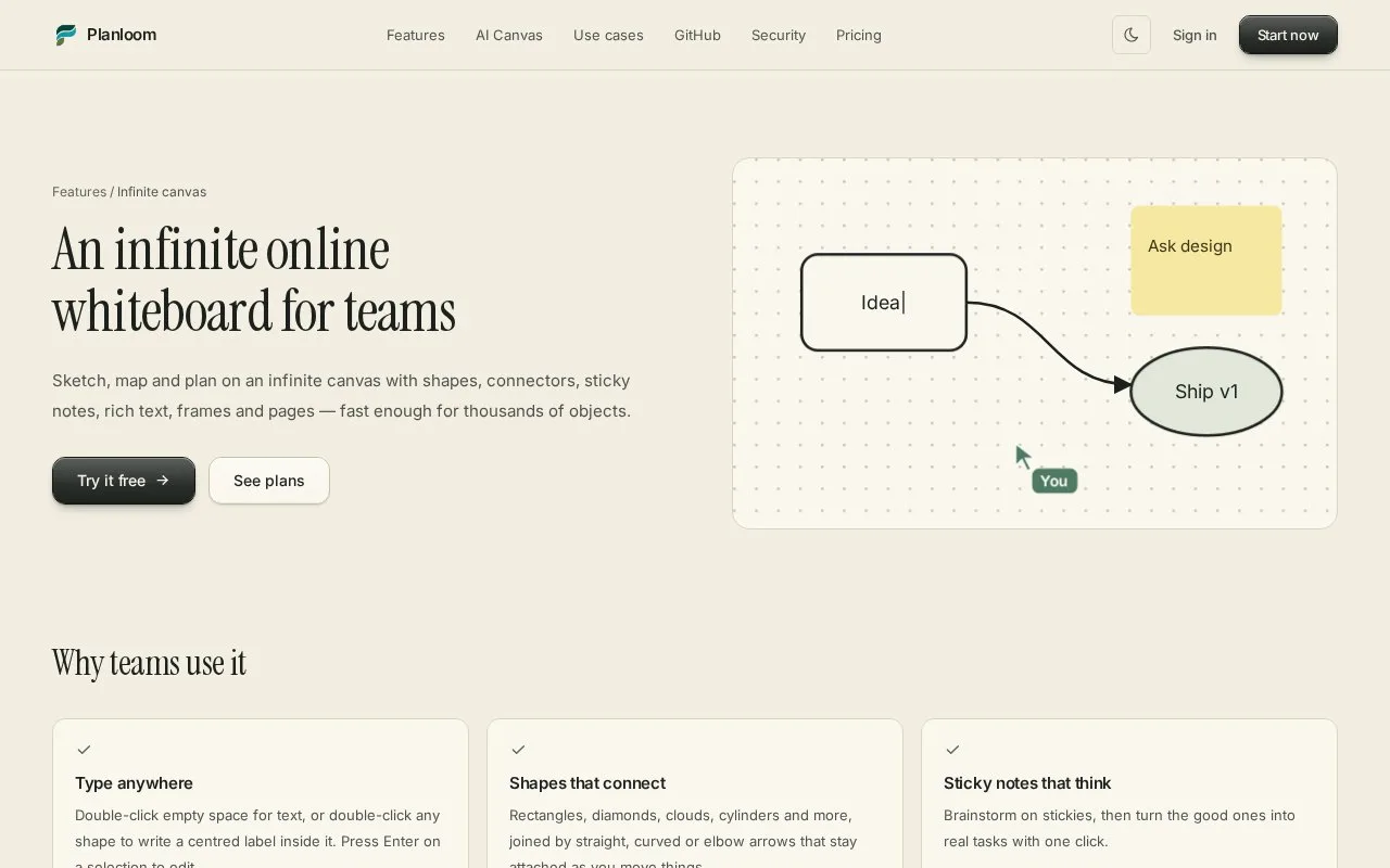Screenshot of the Planloom homepage
