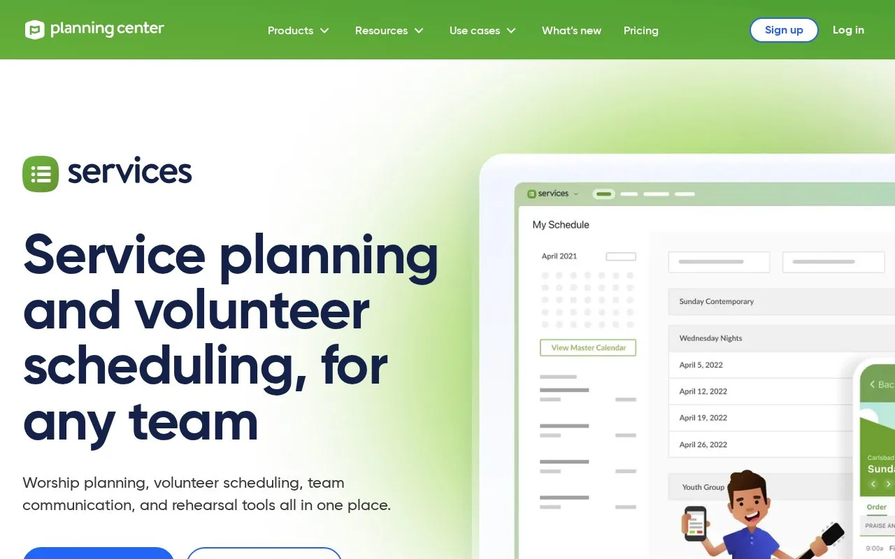 Screenshot of the Planning Center Services homepage