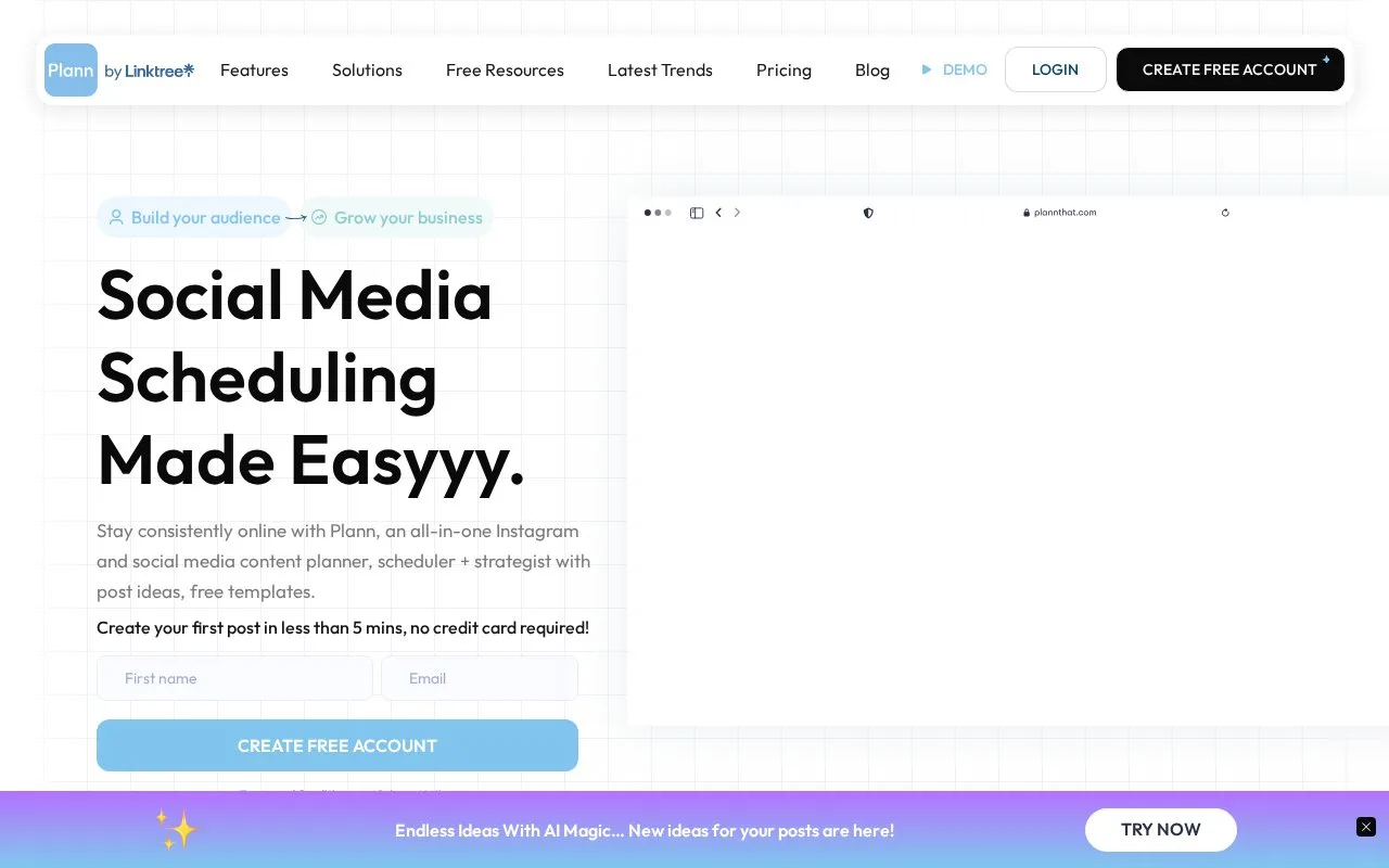 Screenshot of the Plann homepage