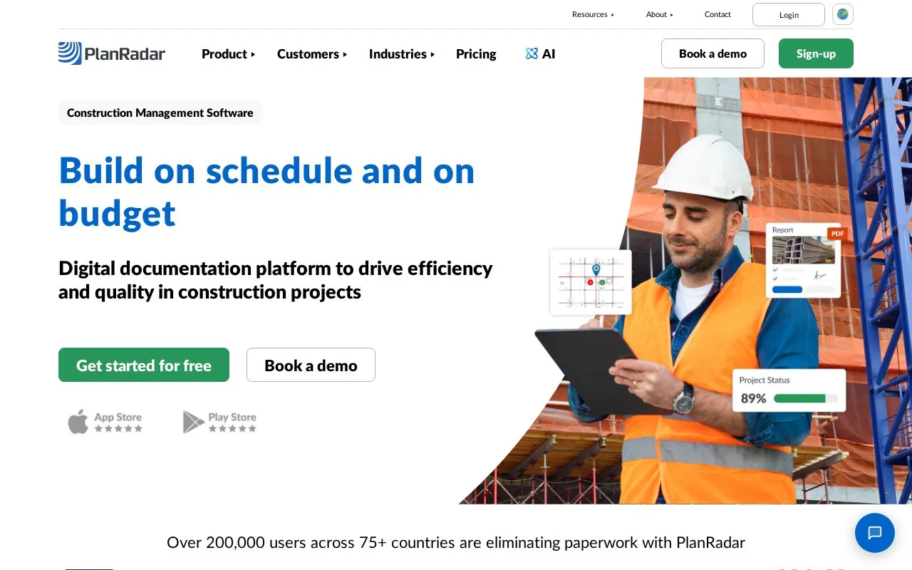 Screenshot of the PlanRadar homepage