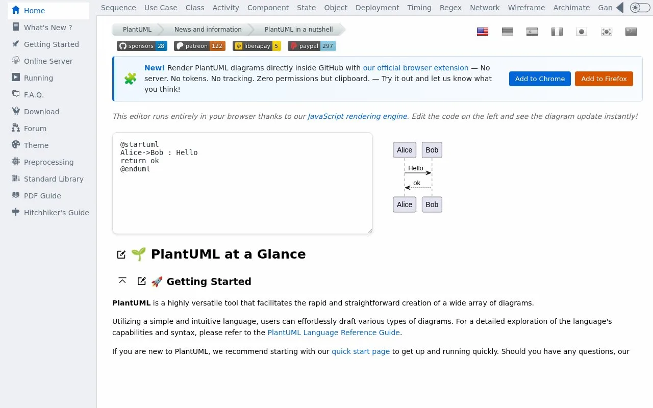 Screenshot of the PlantUML homepage