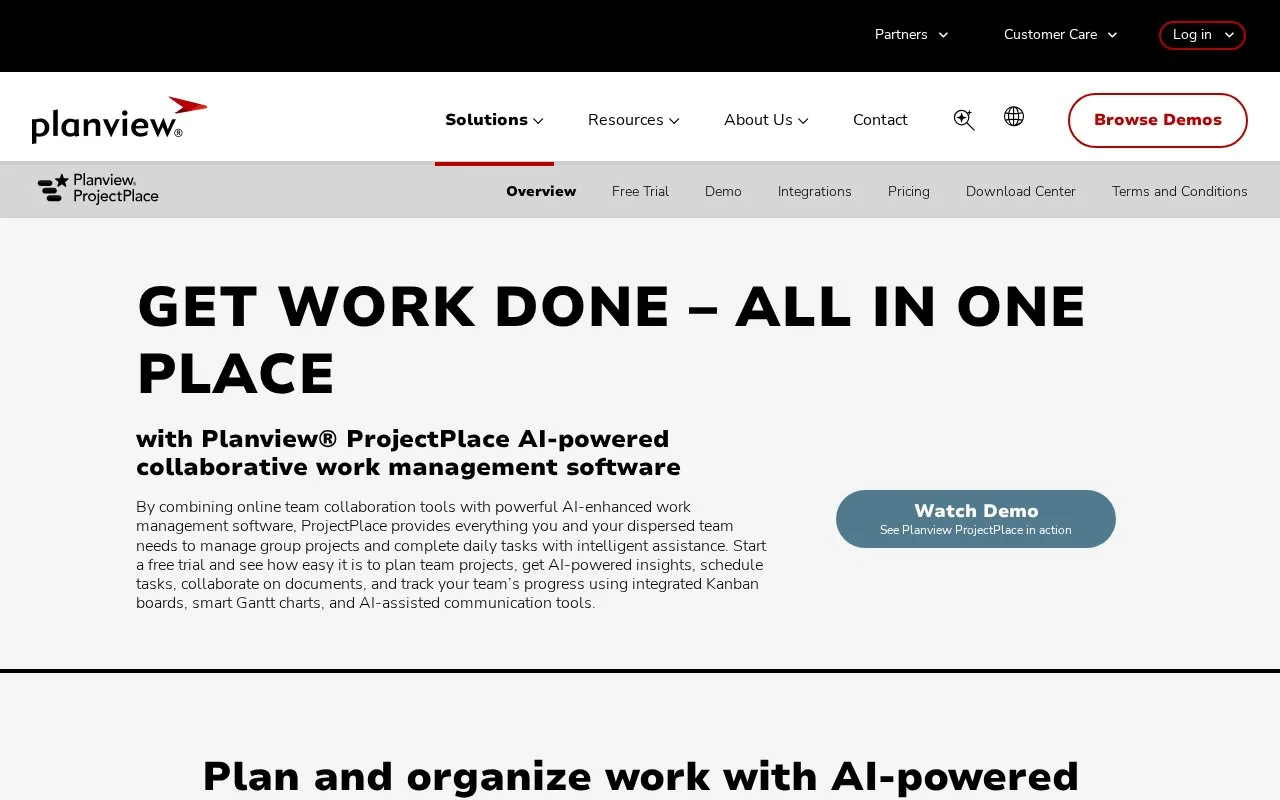 Screenshot of the Planview ProjectPlace homepage