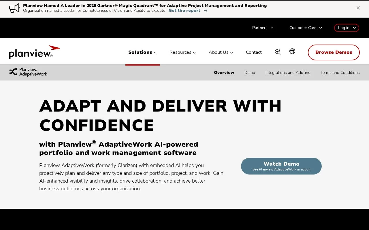 Screenshot of the Planview AdaptiveWork homepage