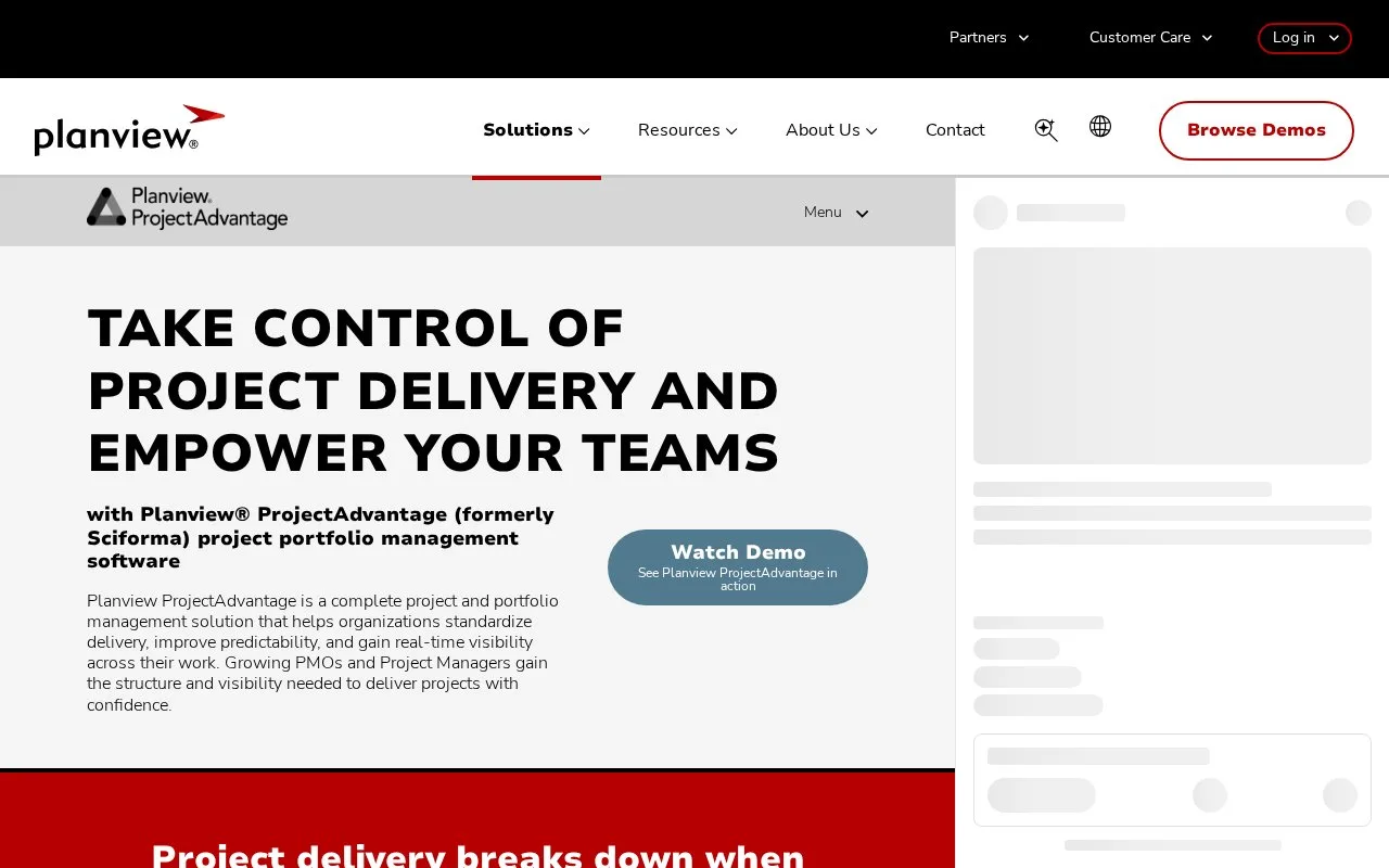 Screenshot of the Planview ProjectAdvantage homepage