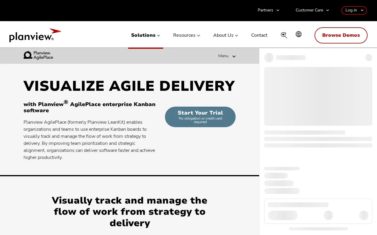 Screenshot of the Planview AgilePlace homepage