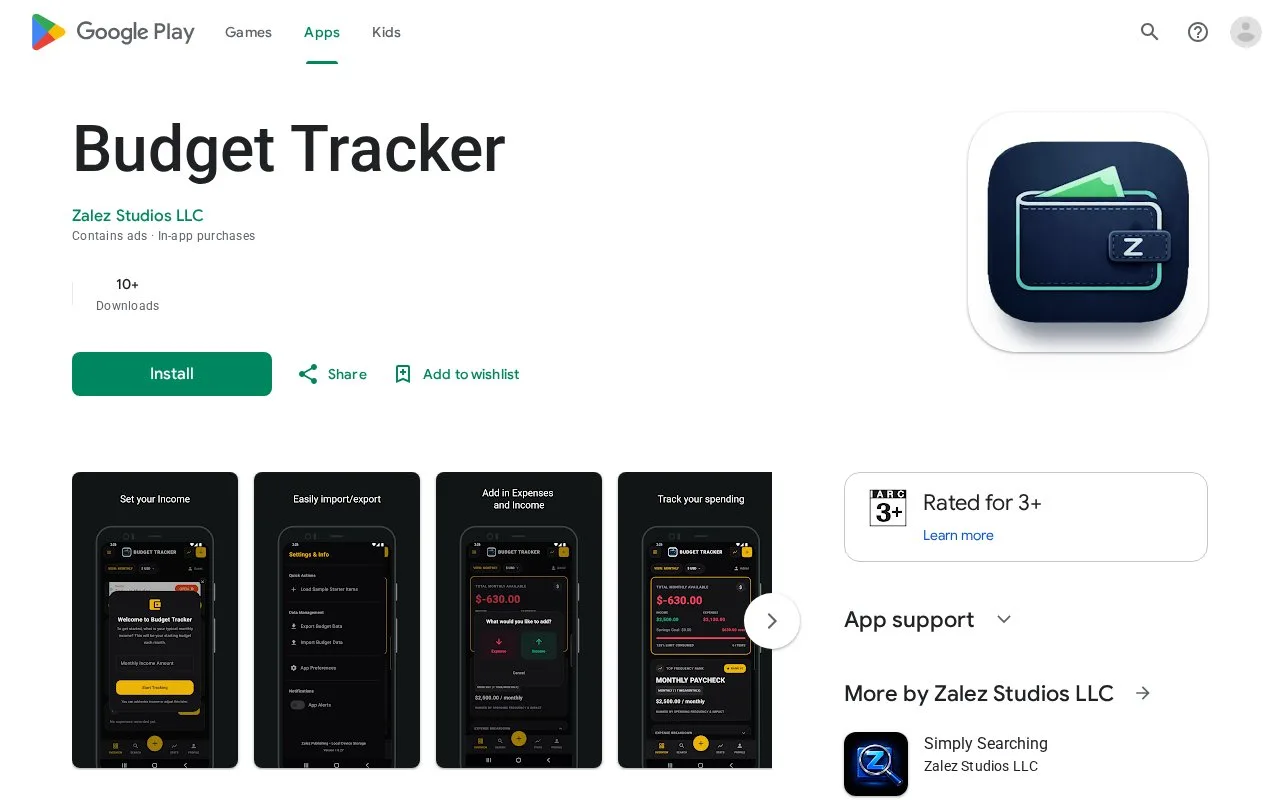 Screenshot of the Budget Tracker by Zalez Studios homepage