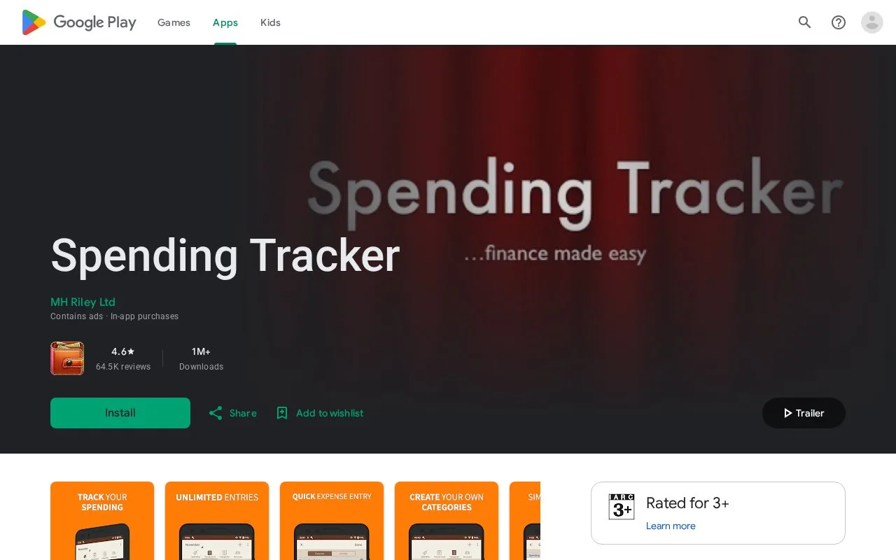 Screenshot of the Spending Tracker by MH Riley homepage