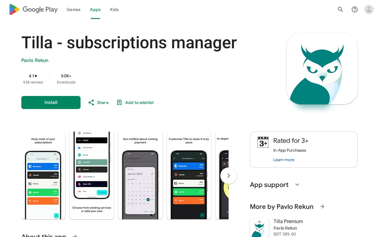 Screenshot of the Tilla homepage
