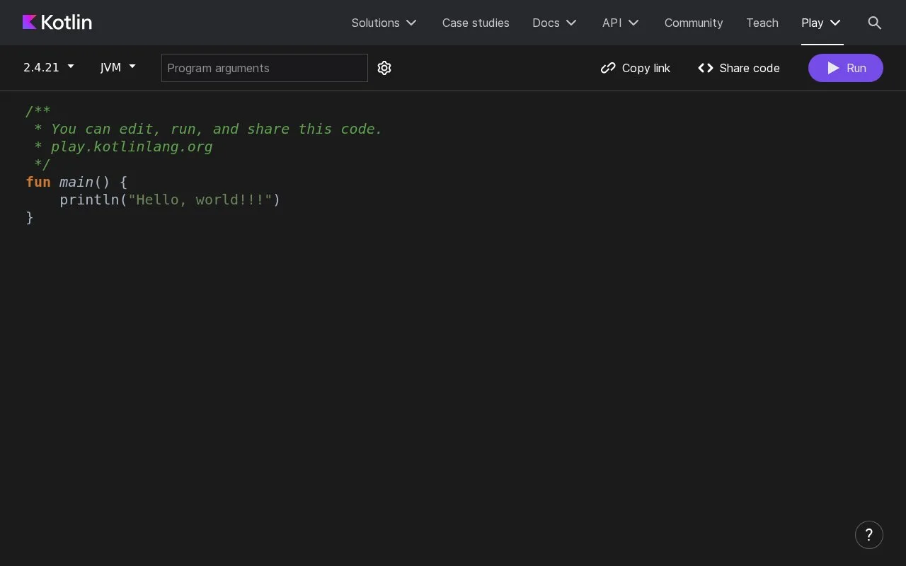 Screenshot of the Kotlin Playground homepage