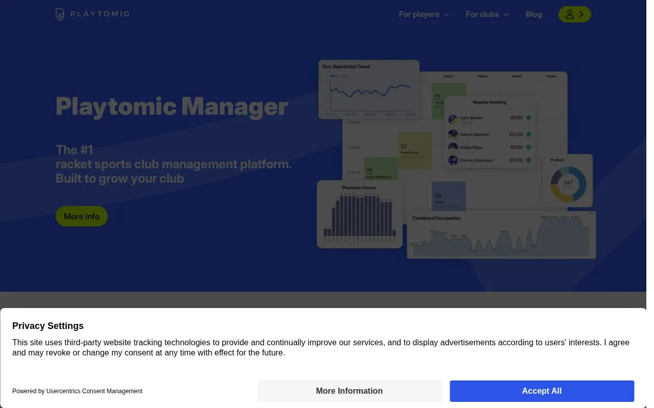 Screenshot of the Playtomic Manager homepage