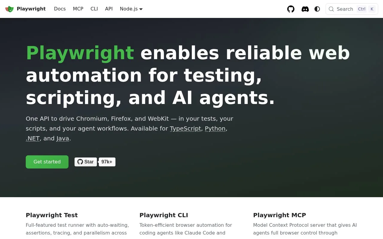 Screenshot of the Playwright homepage