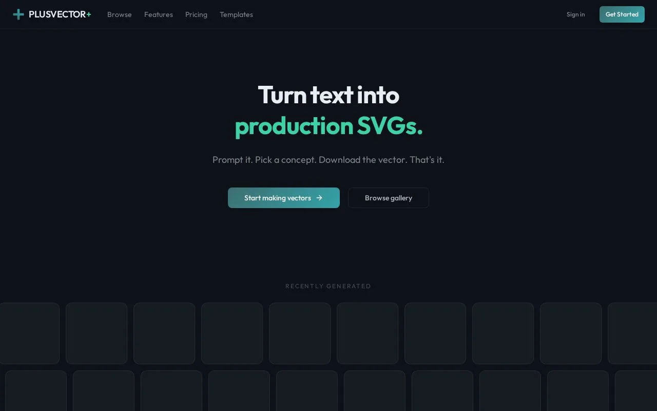 Screenshot of the PlusVector homepage