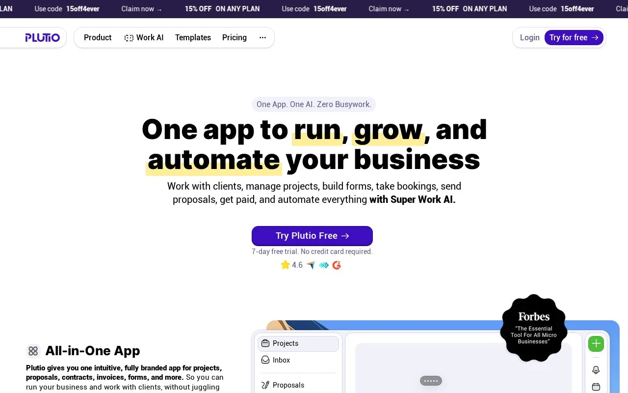 Screenshot of the Plutio homepage
