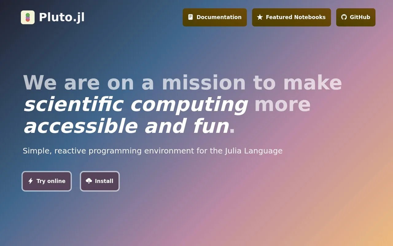 Screenshot of the Pluto.jl homepage