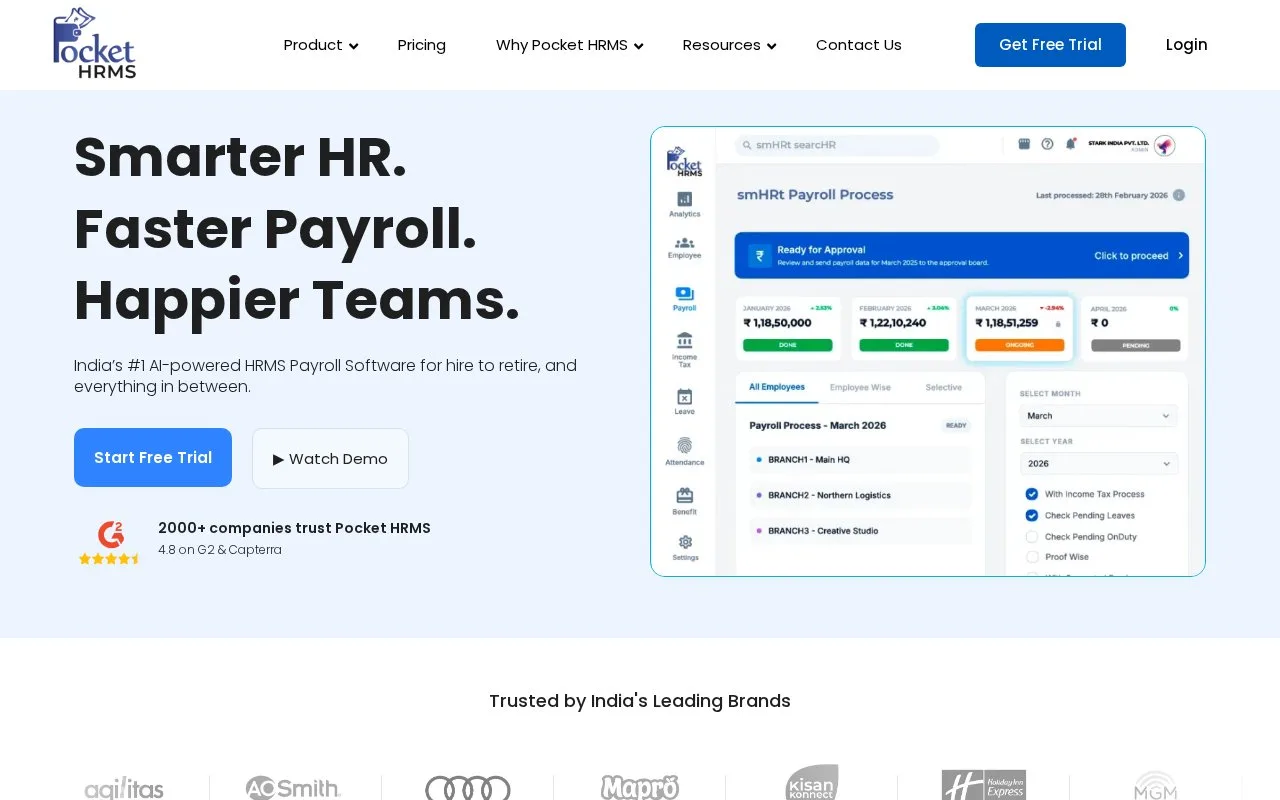 Screenshot of the Pocket HRMS homepage