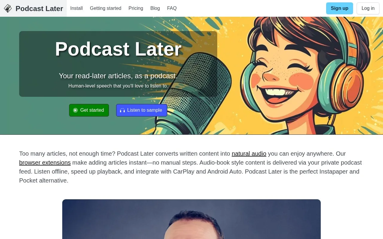 Screenshot of the Podcast Later homepage
