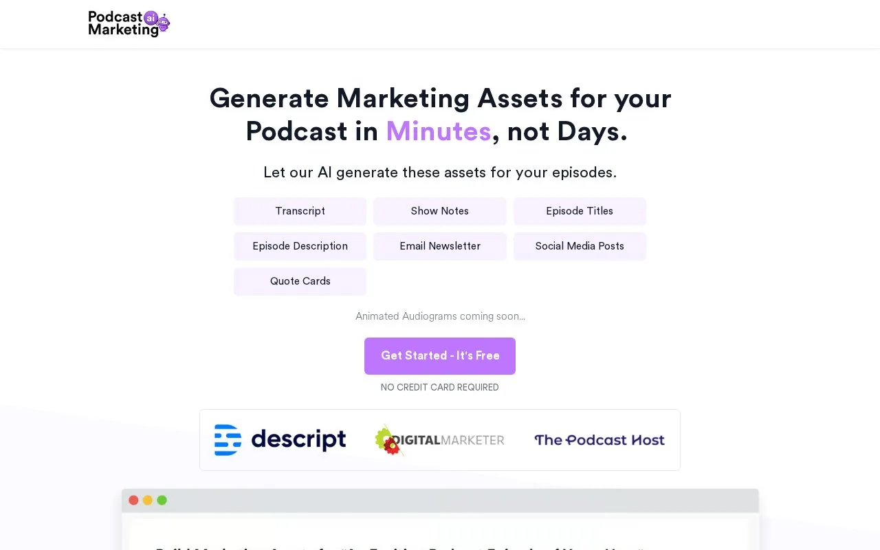 Screenshot of the Podcast Marketing AI homepage