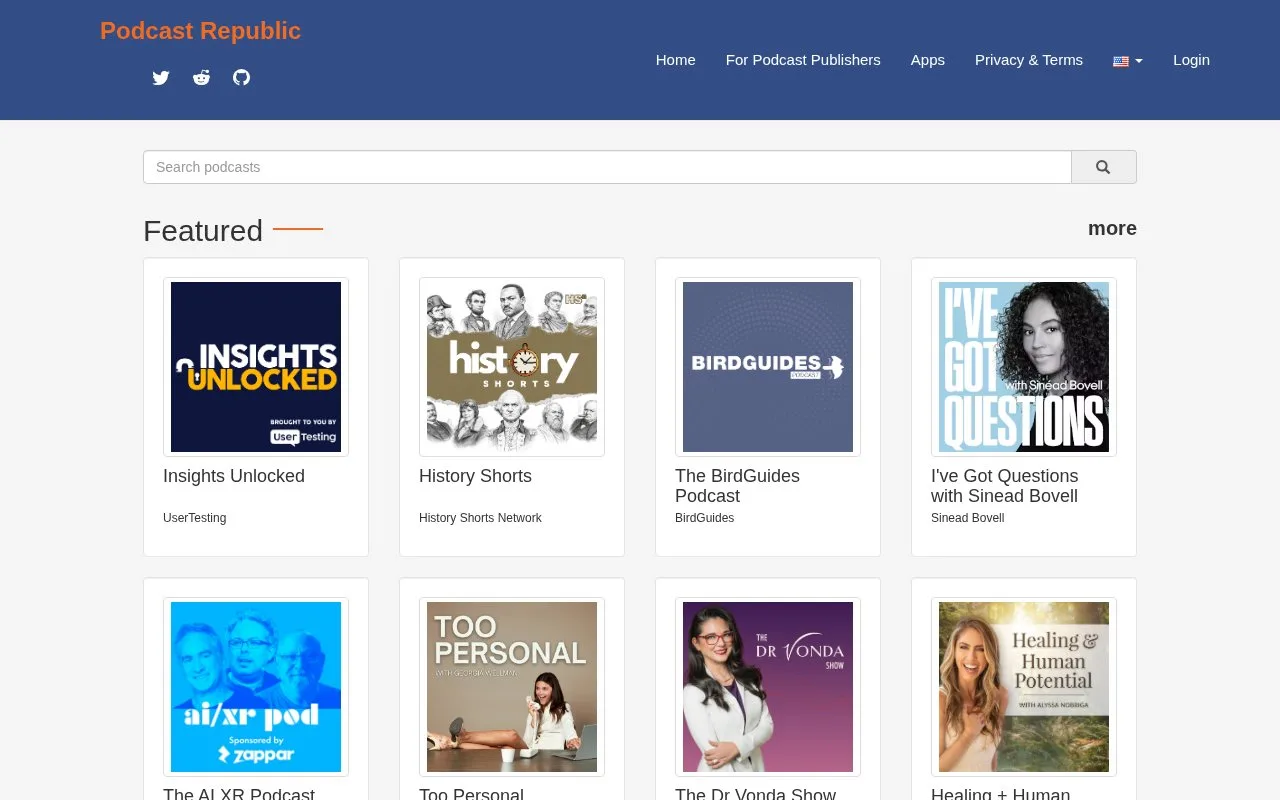 Screenshot of the Podcast Republic homepage