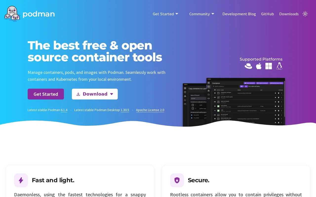 Screenshot of the Podman homepage
