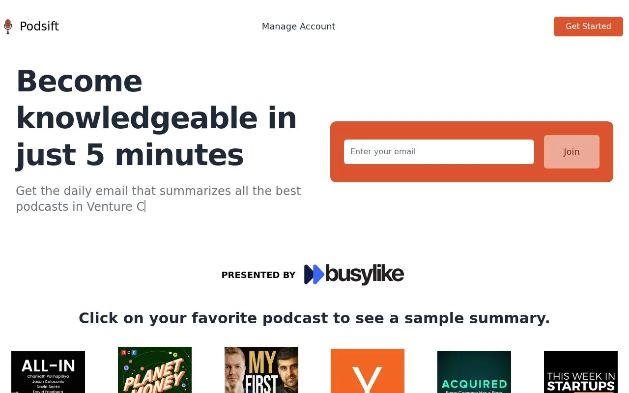Screenshot of the Podsift homepage