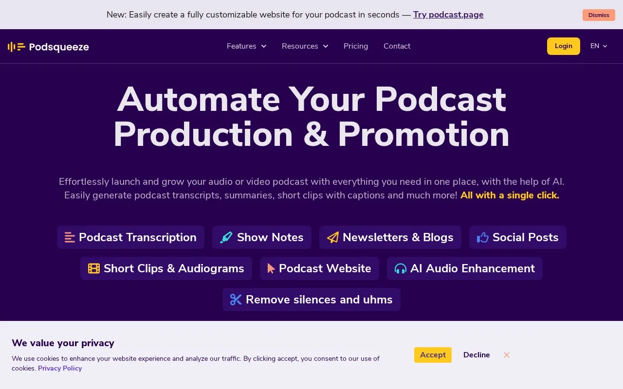 Screenshot of the Podsqueeze homepage