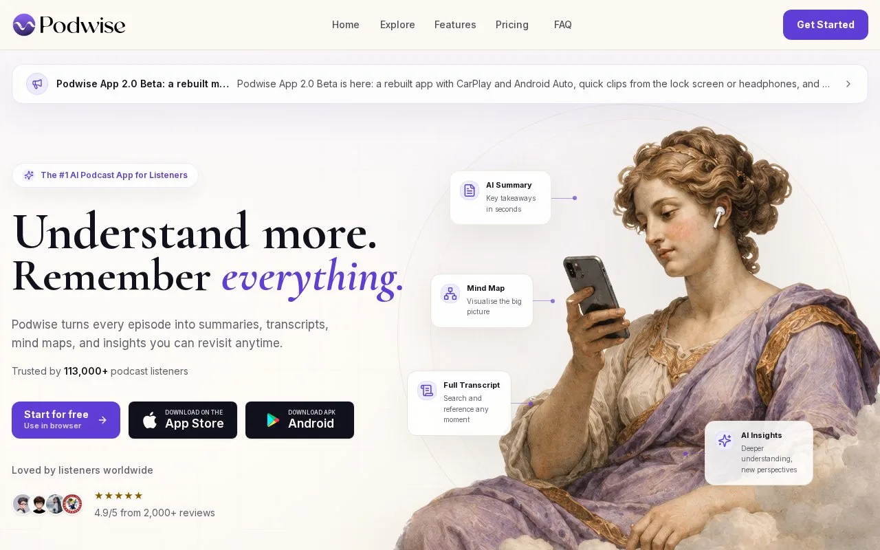 Screenshot of the Podwise homepage