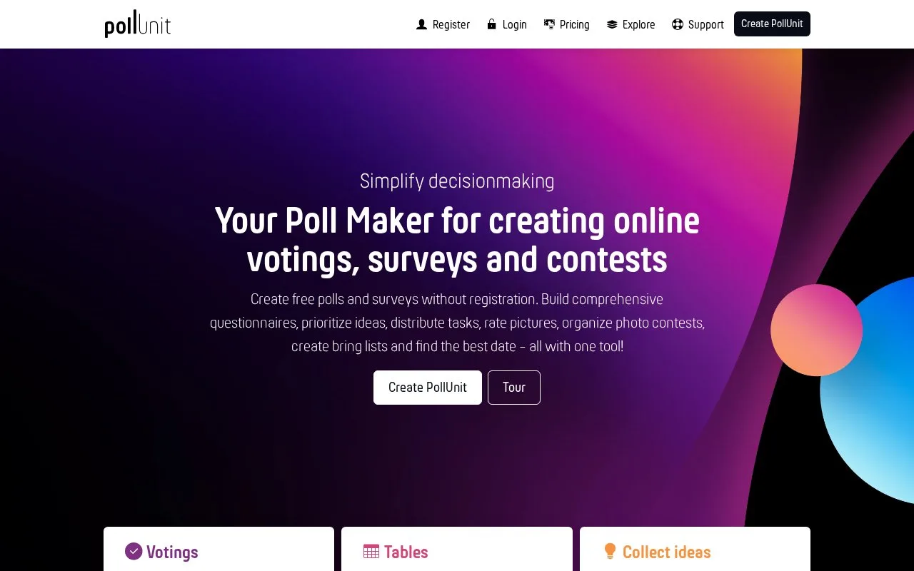 Screenshot of the PollUnit homepage