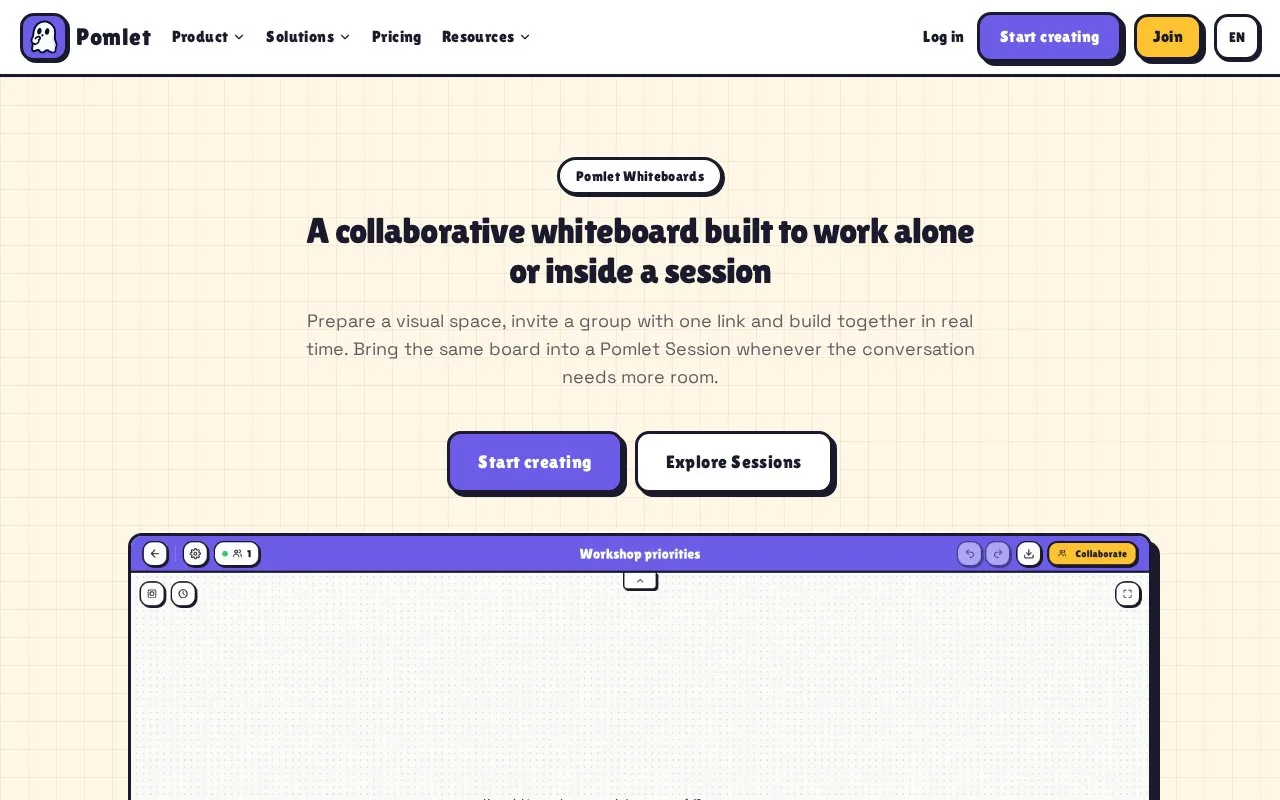 Screenshot of the Pomlet Whiteboards homepage