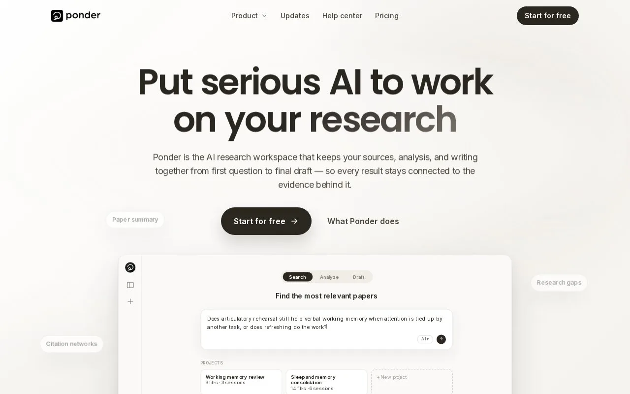 Screenshot of the Ponder homepage