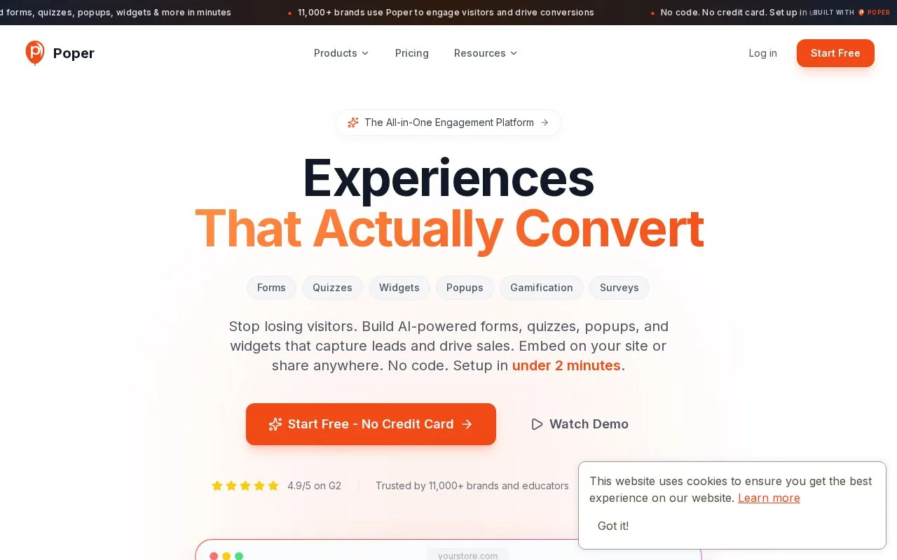 Screenshot of the Poper homepage