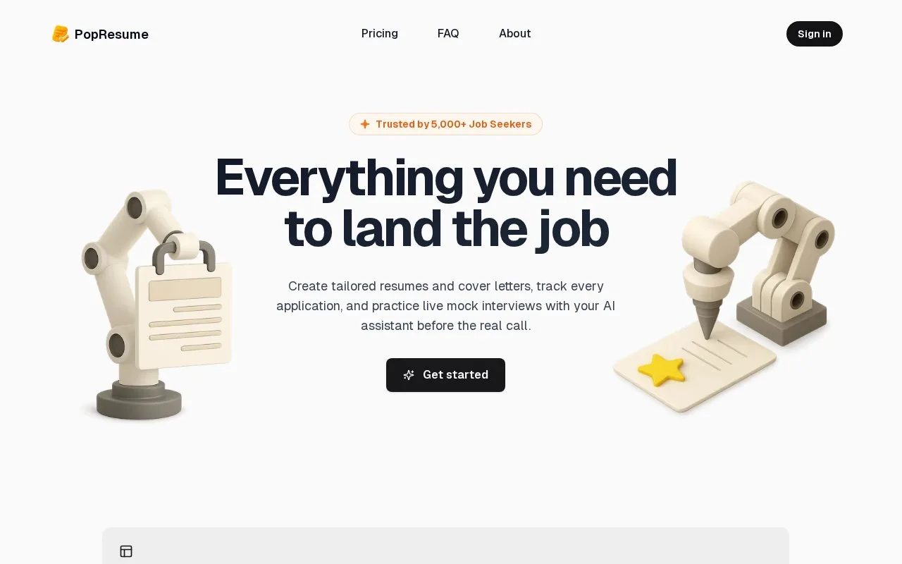 Screenshot of the PopResume homepage