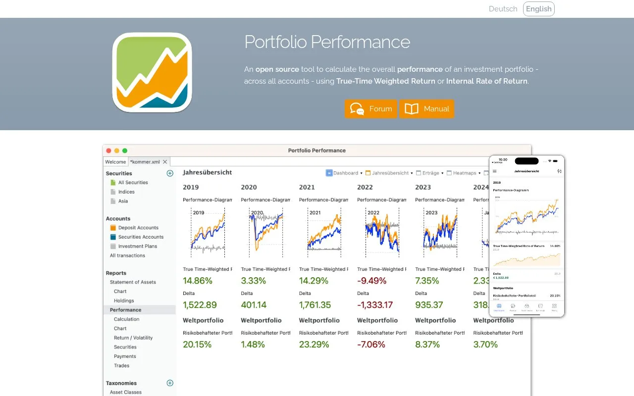 Screenshot of the Portfolio Performance homepage