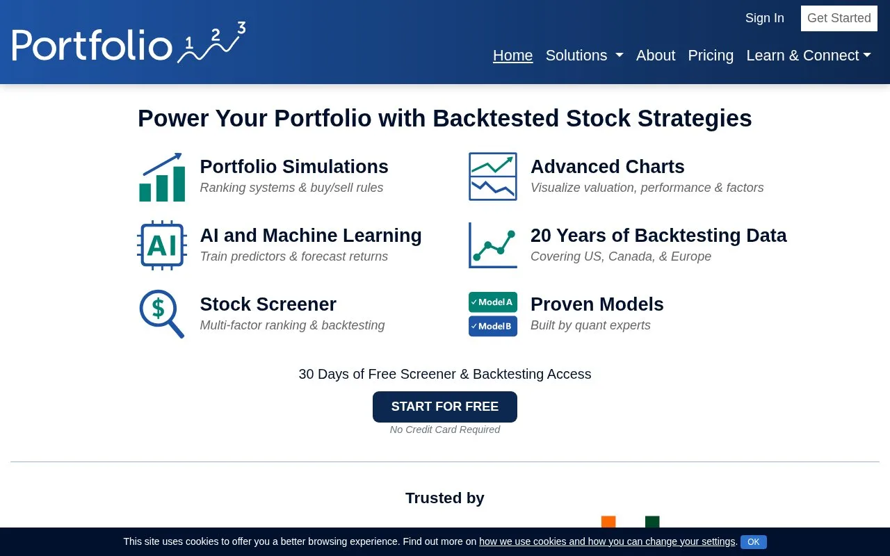 Screenshot of the Portfolio123 homepage