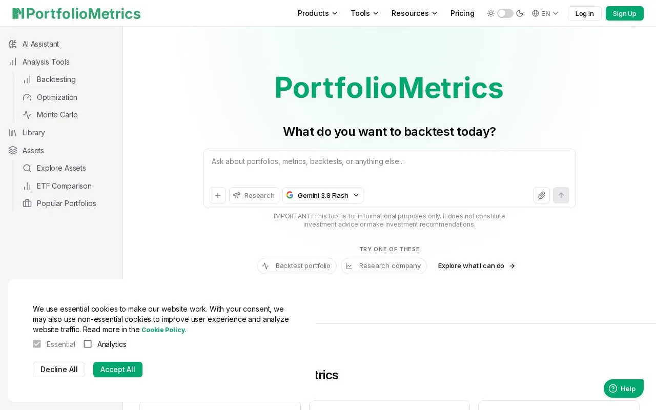 Screenshot of the PortfolioMetrics homepage