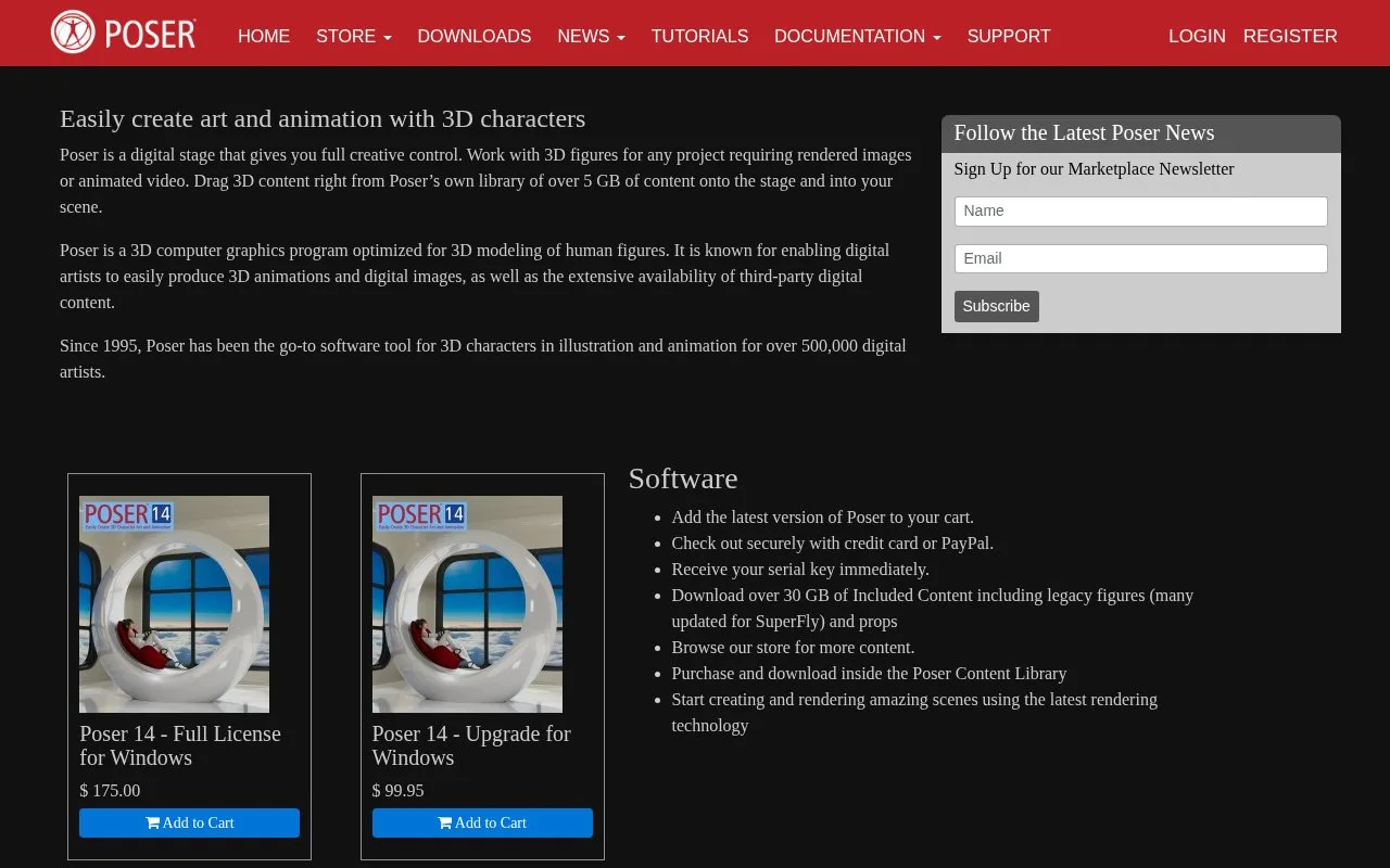 Screenshot of the Poser homepage