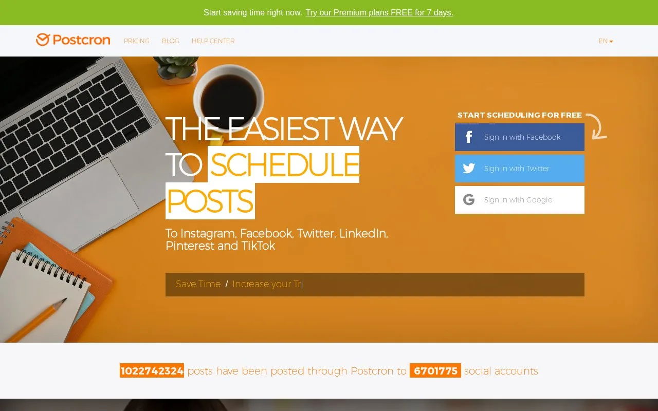 Screenshot of the Postcron homepage