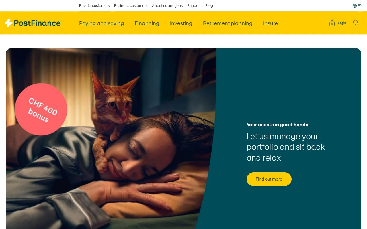 Screenshot of the PostFinance homepage