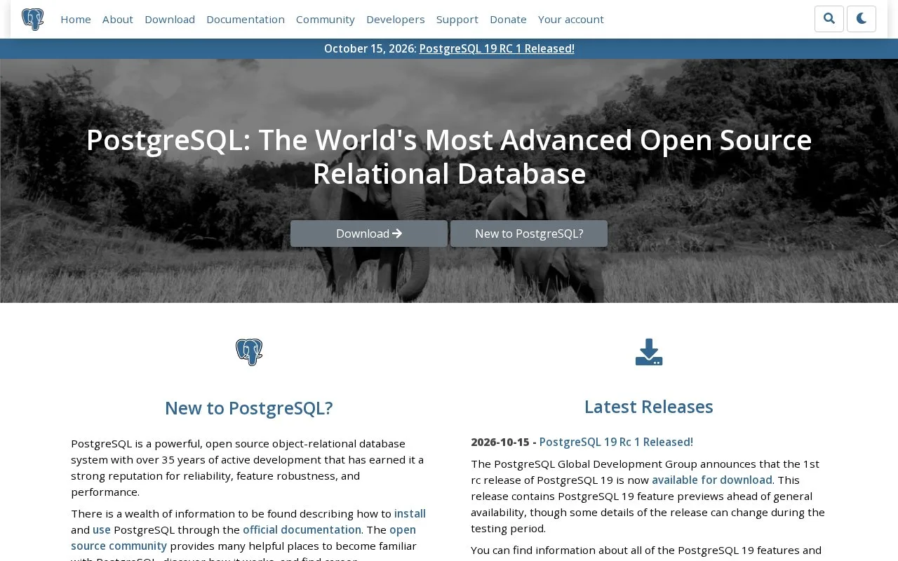 Screenshot of the PostgreSQL homepage