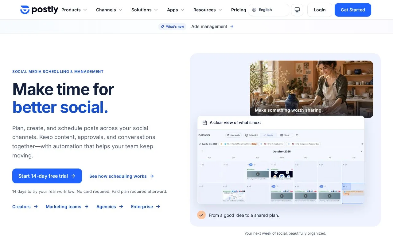 Screenshot of the Postly homepage