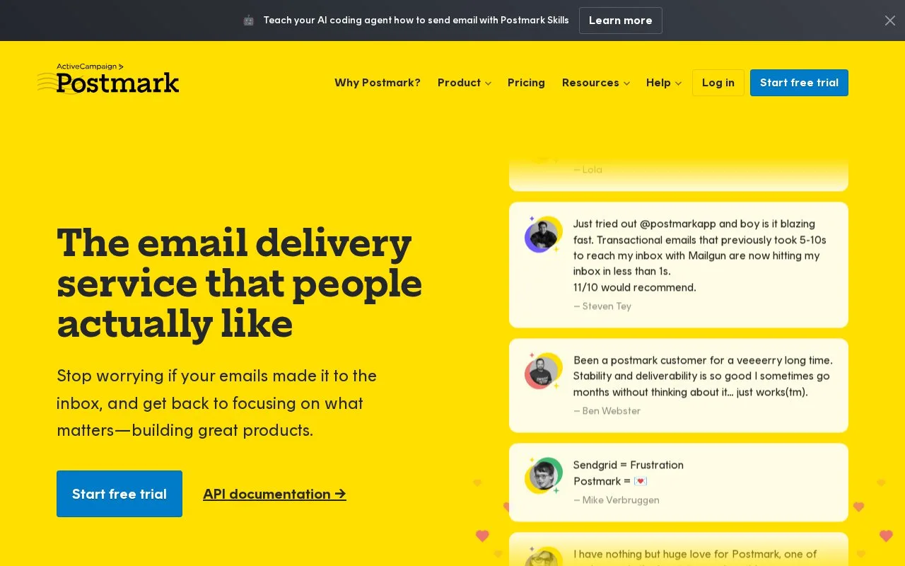 Screenshot of the Postmark homepage