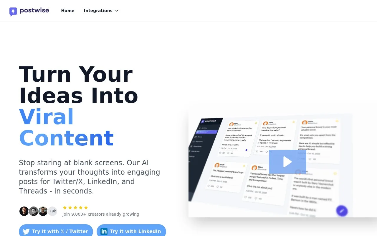 Screenshot of the Postwise homepage